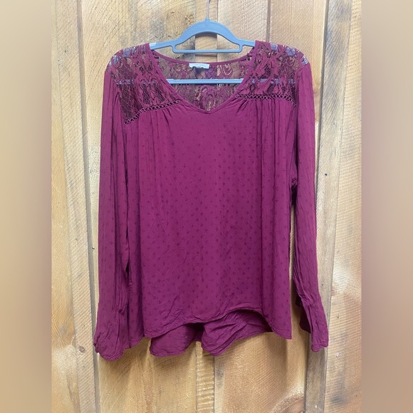Maurices Tops - Maurices Burgundy Lace Yoke Long Sleeve Peasant Blouse Size 2